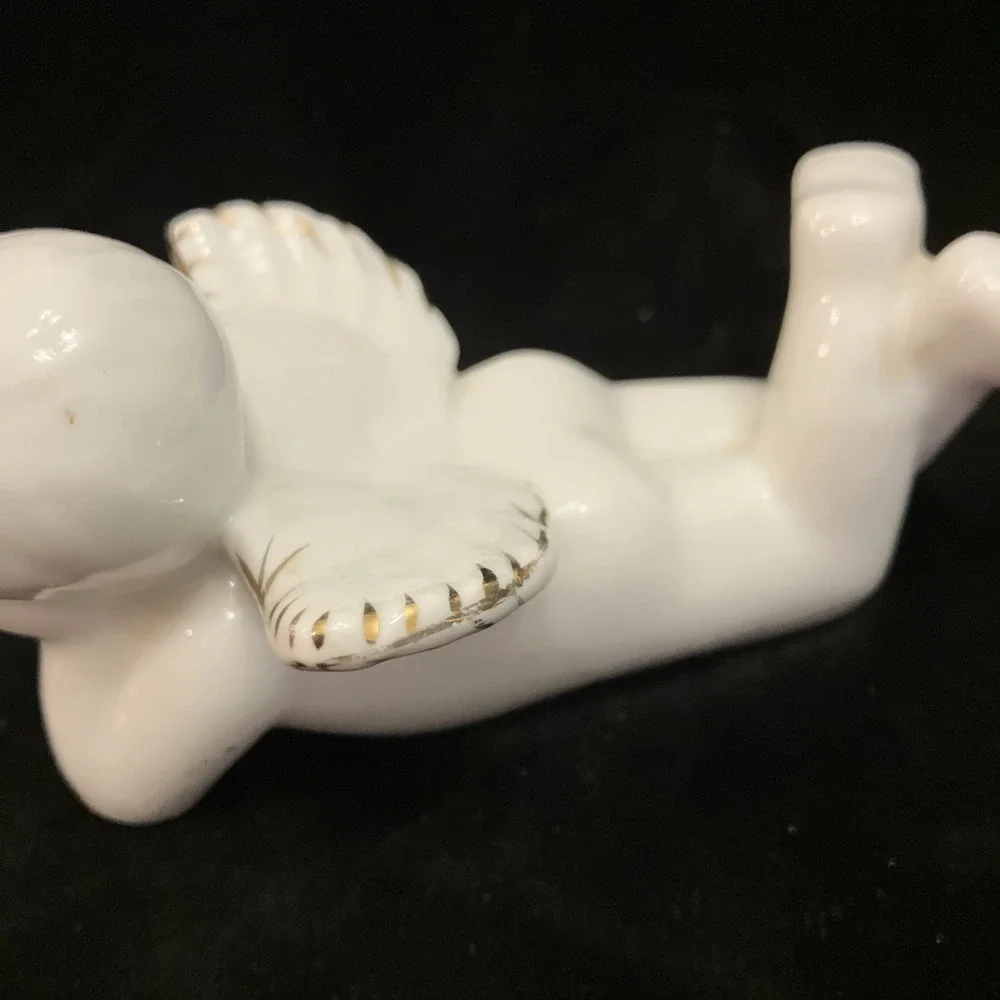 Vintage Milk White Ceramic Cherub Angel Figurine Gold Gilt Wings Precious Pose